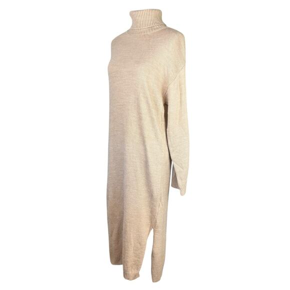 NA-KD Tan Knitted Oversized Long Sleeve Side Slit Turtleneck Midi Sweater Dress - Picture 4 of 12